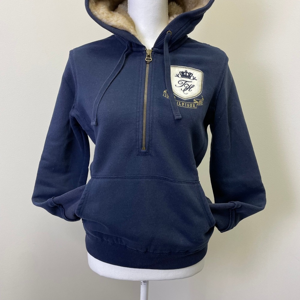 Y2K Tommy Hilfiger Navy Faux Fur Lined Quarter Zip Hoodie Crest Logo Small - Picture 2 of 16